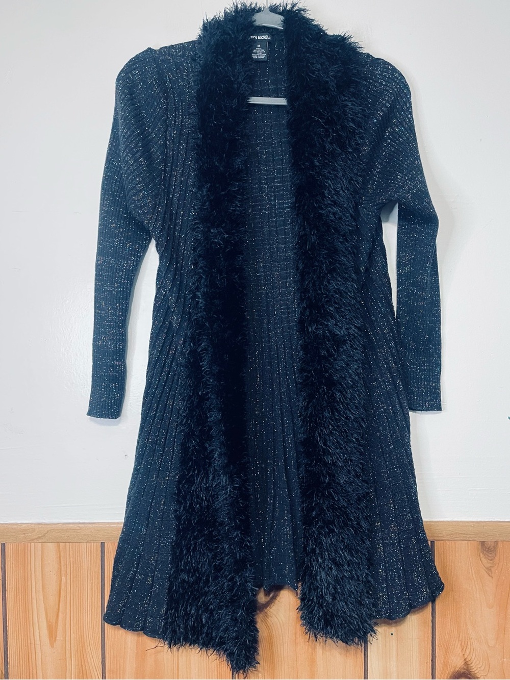 Lauren Michelle Black Shag Trim Knit Cardigan Sweater - Picture 1 of 3